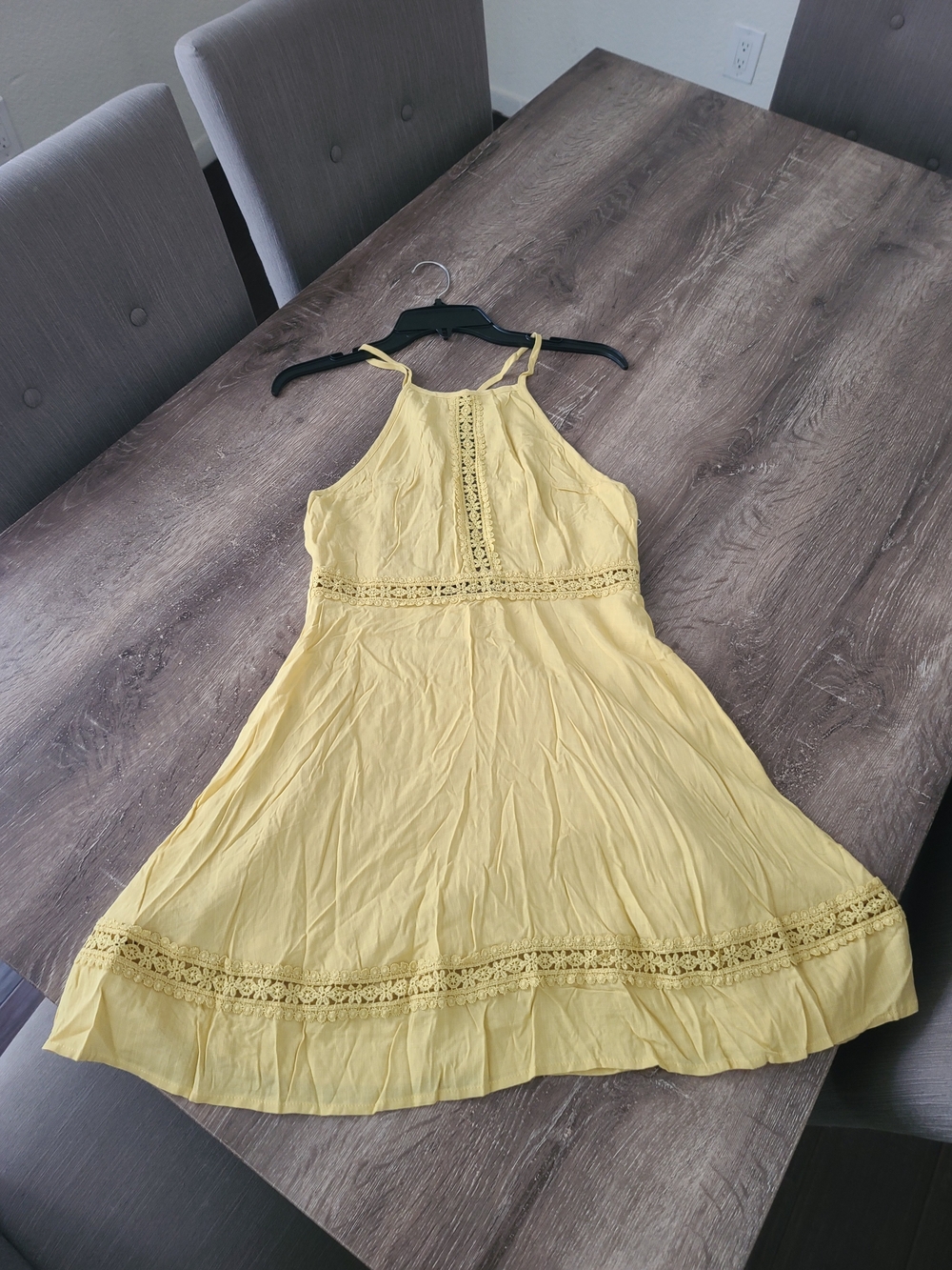Summer Crochet-Trim Halter Mini Dress in Yellow